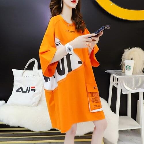 #0054 Black OrangeT-shirt Womens Short Sleeve Cotton Loose Harajuku Long Casual Top Zipper Pocket Letter Hip Hop Shirt O Neck