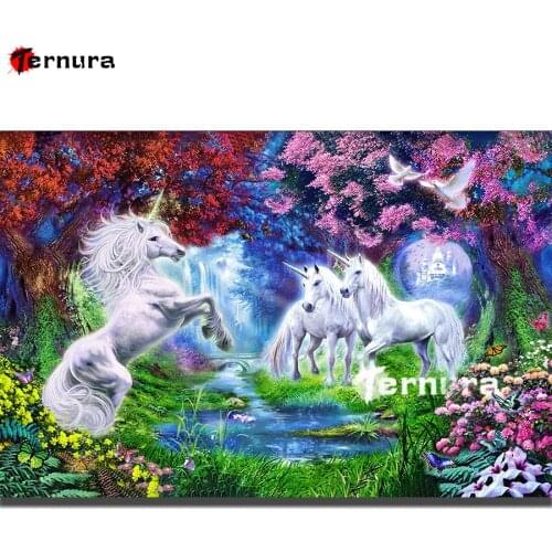 Diamond Painting sale Jungle Unicorn Rhinestone White horse tree river grass flower full square round drill Diamond Embroidery