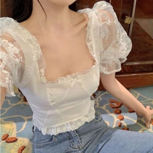 White Sweet Casual Blouse Women Summer Puff Sleeve Lace Print Floral Kawaii Blouse Shirt Chic Design 2021 Korean Retro Cute Tops