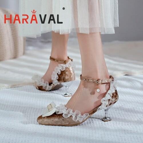 HARAVAL Women Sandals Shoes High Heels Silk Pointed Toe Butterfly-knot Red Pink Blue Lolita Style Female Patchwork Shoes B214