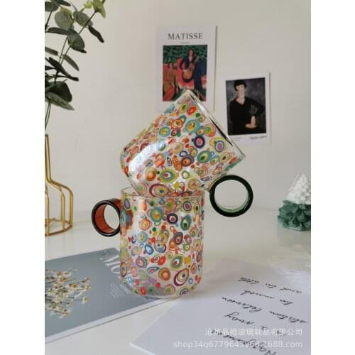 High Borosilicate Pyretic Glass Water Cup Malachite Pattern Comfortable Ring Handle Girl Breakfast Milk Juice Cup Water Bottle