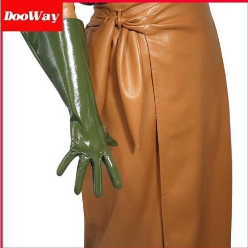 DooWay Long Faux Leather Gloves Unisex Army Green 38cm Wide Balloon Puff Sleeves Large Oversize Wide Sleeves