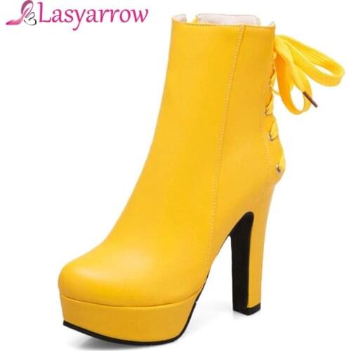 Lasyarrow Side Zipper Footwear Thick High Heels Platform Round Toe Ankle Boots Fashion Back Lacing Roman Short Boots Martin Shoe