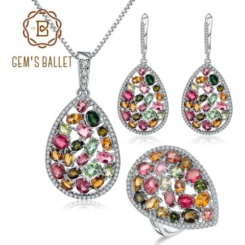 GEMS BALLET Natural Tourmaline Ring Earrings Pendant Set 925 Sterling Silver Handmade Coloured Gemstone Jewelry Set For Women