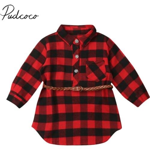 2019 Brand New Christmas Infant Kid Baby Girl Long Shirt Dress Tops Long Sleeve Red Plaid Straight Knee-Length Dress +Belt 0-5Y