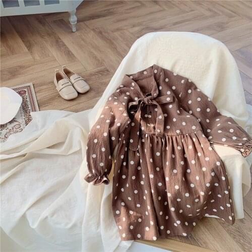 2021 Spring New Baby Girls Dress Korean Cute Dots Bowknot Kids Dress For Girls Toddler Clothing Girls Lacing Long Sleeve Dress