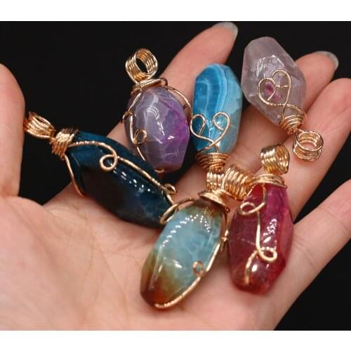 Natural Agates Druzy Pendant Charms Winding Gold Wire Irregural Cylindrical Pendant for Making DIY Jewerly Necklace Accessories