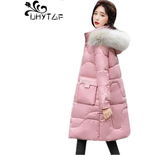 UHYTGF Casual student winter jacket women fashion fur collar down jacket cold warm coat thicken long plus size parker women 1028