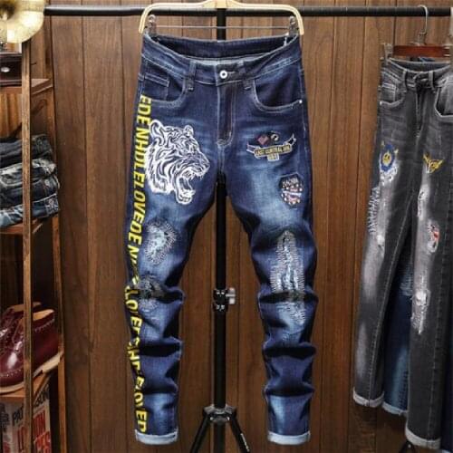 Embroidered Jeans New Broken Hole Patch Hip-hop Mens Small Straight Stretch Jeans Fashion Personality Embroidered Jeans