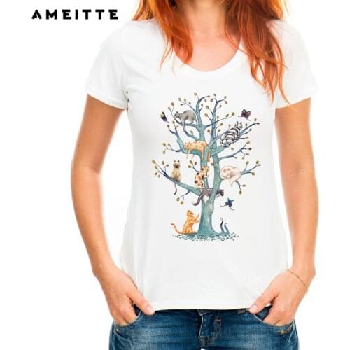 AMEITTE 2019 Summer Tops Cute Cats on Tree Print T Shirts Base O-Neck Short Sleeve Women T shirt All-match White Tee Shirt