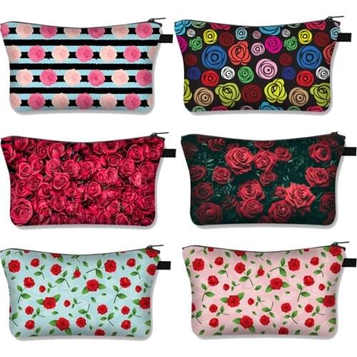 Pink Rose Printing Cosmetic Bag Red Rose Ladies Makeup Bags Leisure Women Portable Toiletry Bag Organizer Gift