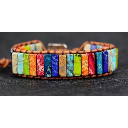 2021 Boho Bracelet squar Shape Natural Stone Single Leather Wrap Bracelet Semi Precious Stone Women Beaded Cuff Bracelet