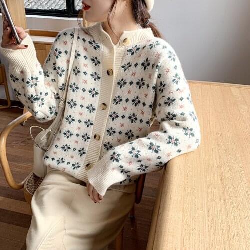Autumn Vintage Flower Print Knitted Cardigan Sweater Women Japanese Long Sleeve Loose Knit Jacket Casaul Buttons Short Cardigan