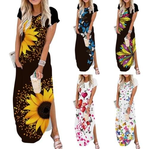 Women Summer Maxi Dress Womens Sunflower Lifelike Heart Butterfly Print Split Vivid Pattern Long Sundress Female Robe Dresses