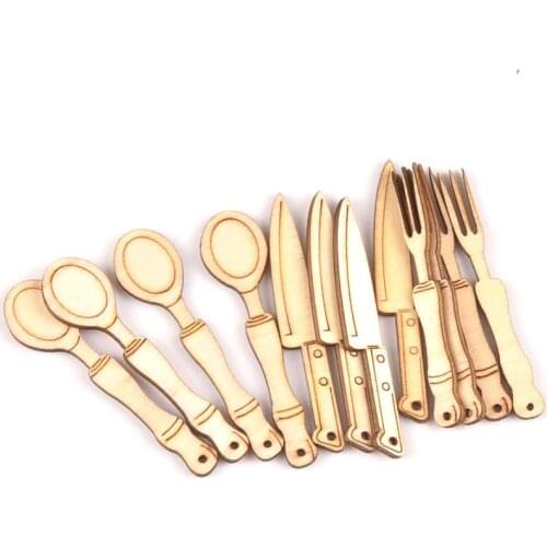 12pcs Home Decoration Mixed Knives And Forks Wooden Ornament 9x70mm Natural Wood DIY Crafts For Handmade Scrapbooking m1737