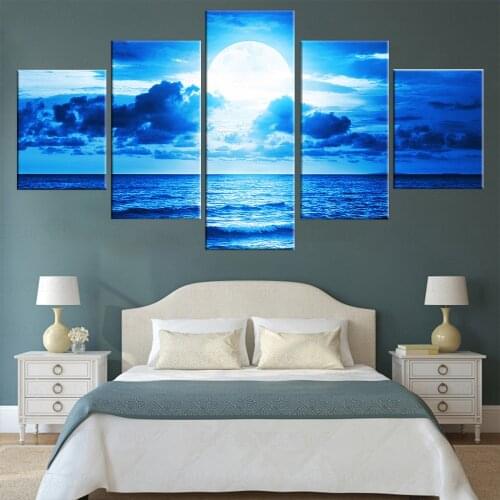 5 Piece HD Pictures Full Moon Moonlight Sea Ocean Landscape Wall Paintings Canvas Art for Home Decor