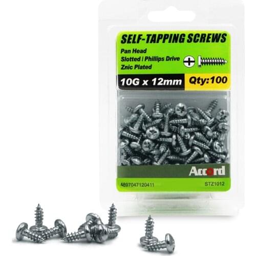 ACCORD 100PCS Self-tapping Screws 10Gx12mm Zinc Plated with storage Box Galvanized Steel Fasteners
