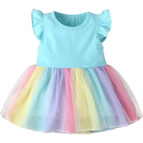 Citgeett Summer 1-4Years Kids Girls Ruffles Fly Sleeve Dress Fashion Rainbow Mesh Stitching A-line Princess Dress Clothes