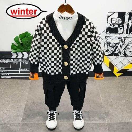 Baby Clothes For Boys Grid Knit Cardigan+Plus Velvet T-Shirts+ Thick Pants 3-Piece Set Winter Warm Suit Childrens Clothing Outf