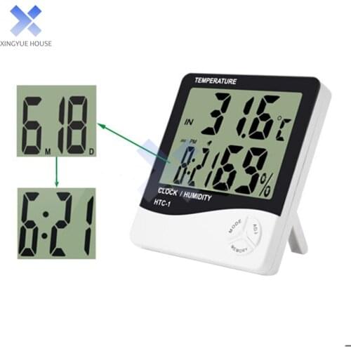 LCD Electronic Digital Temperature Humidity Meter Alarm Clock Indoor Thermometer Hygrometer Weather Station Clock HTC-1 HTC-2