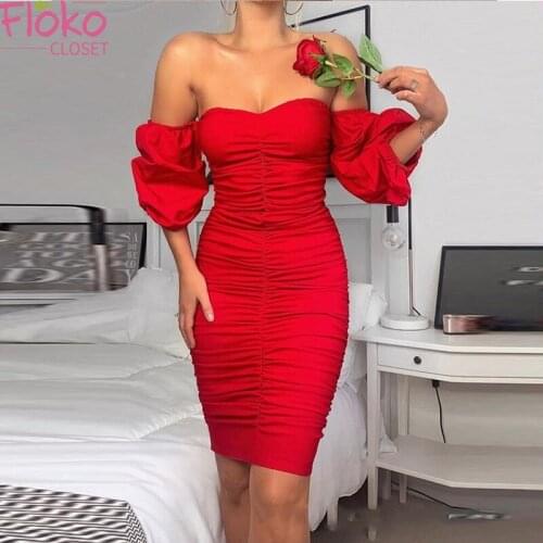 Flokocloset Summer Sexy Strapless Pleated Dress Off Shoulder Backless Bodycon Midi Dress Party Sunress