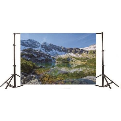 Photography Backdrop Ice Mountain River Green Plants Rock Stones Blue Sky White Cloud Nature Landscape Winter Travel