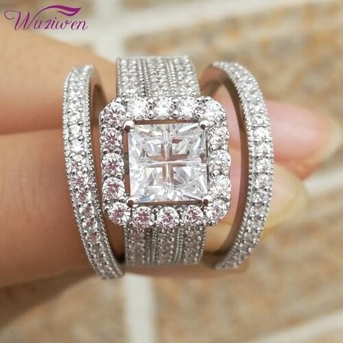 Wuziwen Halo Wedding Ring Set For Women 3Pcs Bold 925 Sterling Silver Engagement Rings Cross Princess Cut Zircon Classic Jewelry
