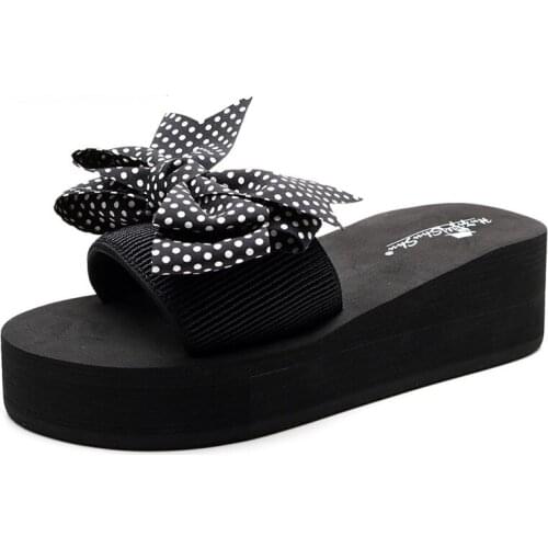 Summer Sandals Womens Shoes Bow Knot Sandals Slippers Slope Round Point High Heel Non-Slip Outdoor All-match Beach Flip-flops