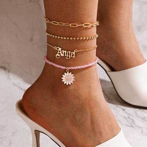 Docona 4pcs/set INS Trendy Daisy Flowers Pandent Anklet Set for Women Gold Round Bead Angel Letter Foot Chains Jewelry 18115
