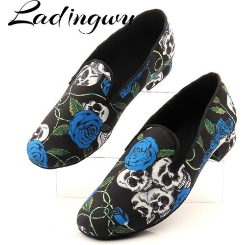 Ladingwu Mens Dance Shoes Latin Professional Sneakers Ballroom Dance Shoes Holloween Skull Denim Doodle Men Tango Salsa Dance