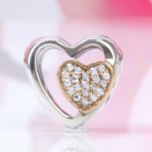 100% Authentic 925 Sterling Silver Hollow diamond-set golden heart-shaped beads Fit Original Bracelet Necklace DIY Jewelry