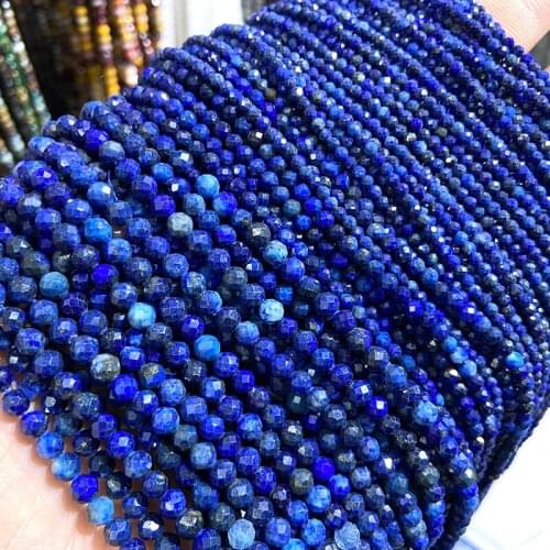 Natural Lapis Lazuli Bead Faceted Blue Stone Round Loose DIY Beads for Jewelry Making Handmade Necklace Bracelet 15inch 2/3/4mm