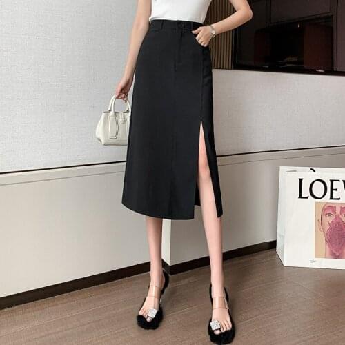 2021Spring summer New Hong Kong Style Split fork Skirt Womens Mid-Length High Waist Slimming Skirt
