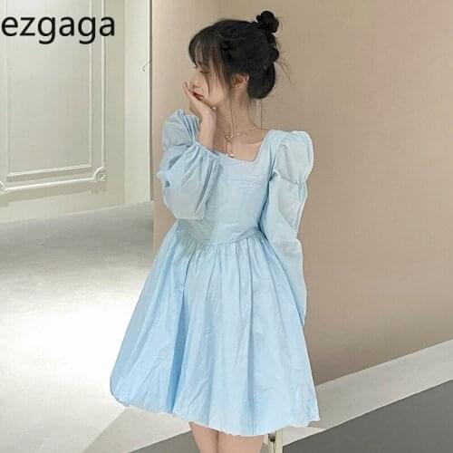 Ezgaga Fairy Elegant Dress Women Long Sleeve Autumn New Korean Chic Square Collar Solid Ladies Temperament Vestidos Feminino