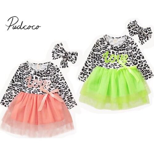 Spring Autumn Infant Kids Baby Girls Casual Long Sleeve Leopard Love Print Round Collar Mesh Dresses + Headband Set 1-6Years