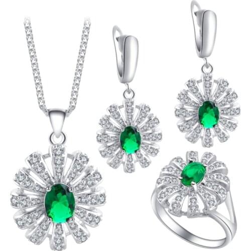 ROLILASON High Quality Green Peridot silver plated Stamped Sets Earring Necklace Pendant Rings Fashion Jewelry for Lover JS685