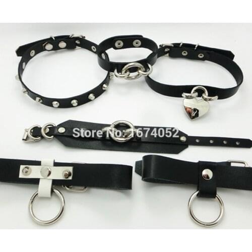 Sexy Black Handcrafted Punk Gothic Heart Lockable Key O Round Collar Layer Leather Spikes Rivet Choker Necklace