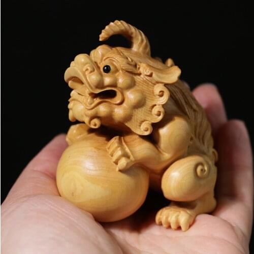 8CM Chinese Style Pixiu Lion Statue Craft Wooden Ornaments Boxwood Sculpture Gifts Home Decoration Accessories