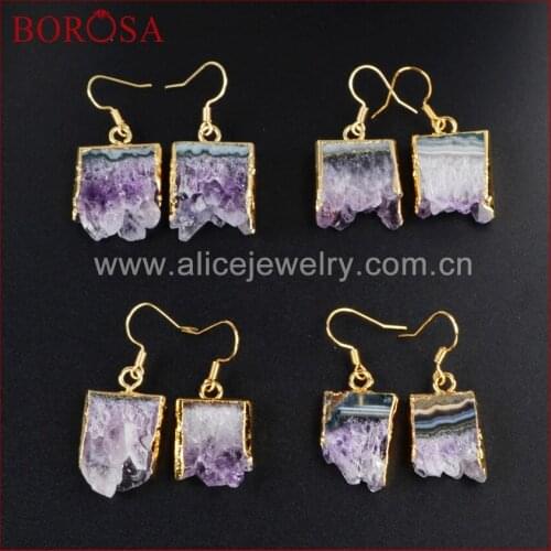 BOROSA Druzy Crystal Dangle Earrings Gold Color Natural Raw Purple Crystal Stone Druzy Slice Drop Earrings Druzy Jewelry WX014