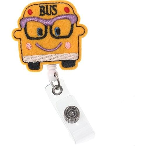 Felt School Bus Retractable Badge Holder with clip Cute Smiling Car ID Card Name Badge Card
