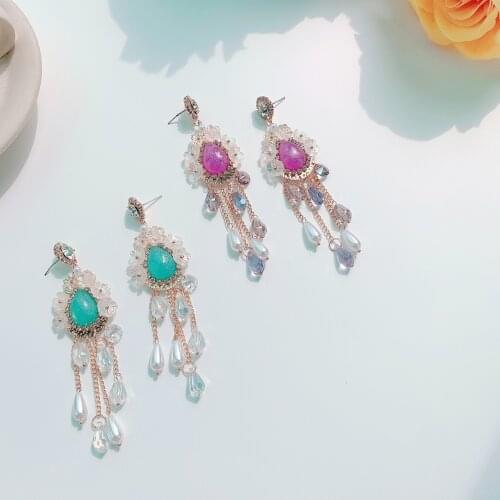 Women Crystal flower earrings long temperament tassel pearl pendant earrings