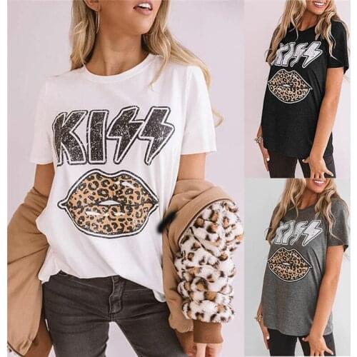Women Hot T-shirt Summer Tops Ladies Short Sleeve Casual Loose Tops Round Neck T Shirt Lips Leopard Printed T-Shirt Streetwear