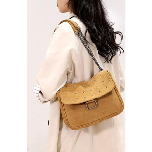 Women Vintage Faux Leather Velvet Shoulder Bag with Chain Strap Studded Large Capacity Crossbody Handbag Tote Purse