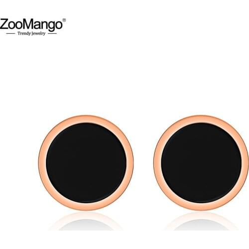 ZooMango 8/10mm Stainless Steel Geometric Girls Earrings Rose Gold Black Acrylic Circle Stud Earrings Jewelry For Women ZE17027