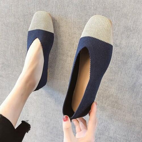 Womens Shoes 2021 Spring and Summer New Square Toe Shallow Knitted Flat Zapatos De Mujer Buty Damskie Ladies
