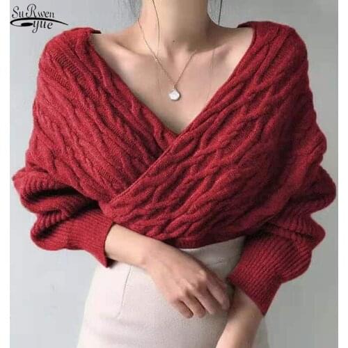 2021 Autumn Winter New Sexy Cross Irregular Womens Sweater Elegant Knitted Shirt for Women V-neck Long Sleeve Solid Tops 16143