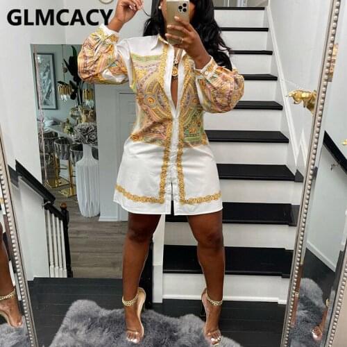 Women Long Sleeve Vintage Printed Button Up Shirt Dress