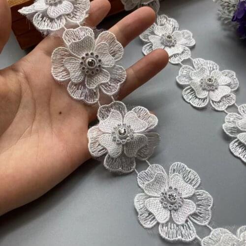1 Yard 5cm Lace Trim Ribbon White Polyester Pearl Flower Embroidered Fabric Handmade Sewing Craft For Costume Hat Decoration