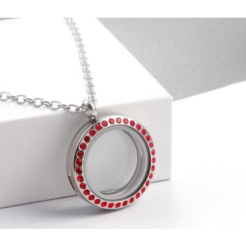 2021 New 25mm 316L Stainless Steel Magnetic Opening Round Red Crystal Locket Pendant Floating Women Jewelry O-shaped Chain