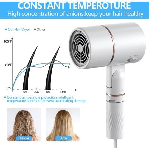 800W Professional Ionic Hair Dryer Hairdryer with Concentrator Bracket Expandable Foldable Handle for Home Salon EU Plug White